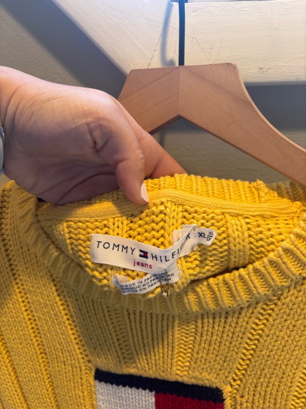 Tommy Hilfiger Yellow Ribbed Crewneck Sweater with Flag Logo - Picture 2 of 4